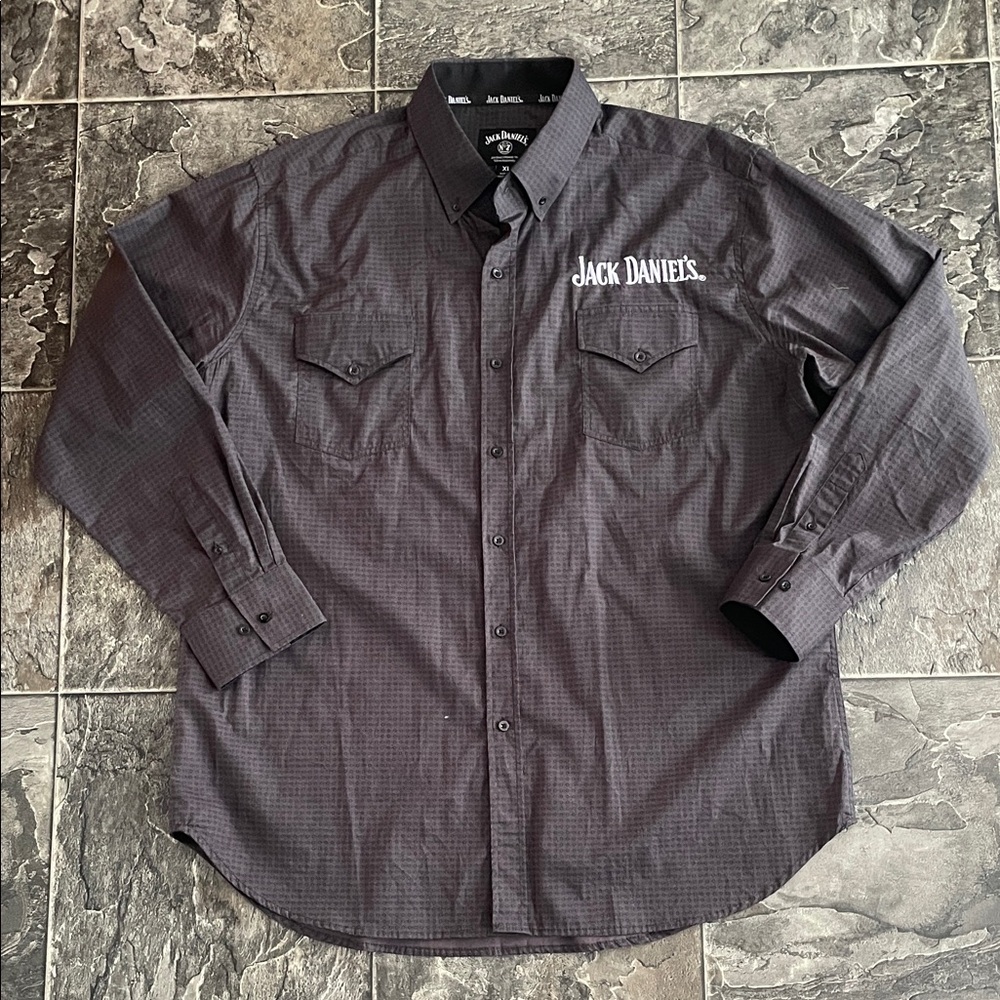 JACK DANIEL’S Charcoal Button Down Shirt Embroidered Logos Western Rodeo Grunge